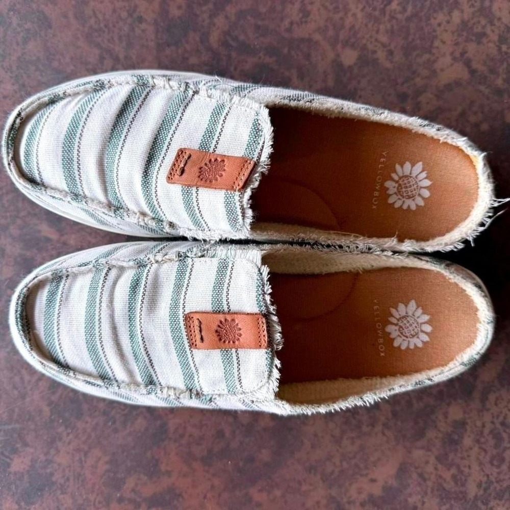 Yellow Box Otley Striped Canvas Mule Sneakers Green White Frayed Slip On 7.5